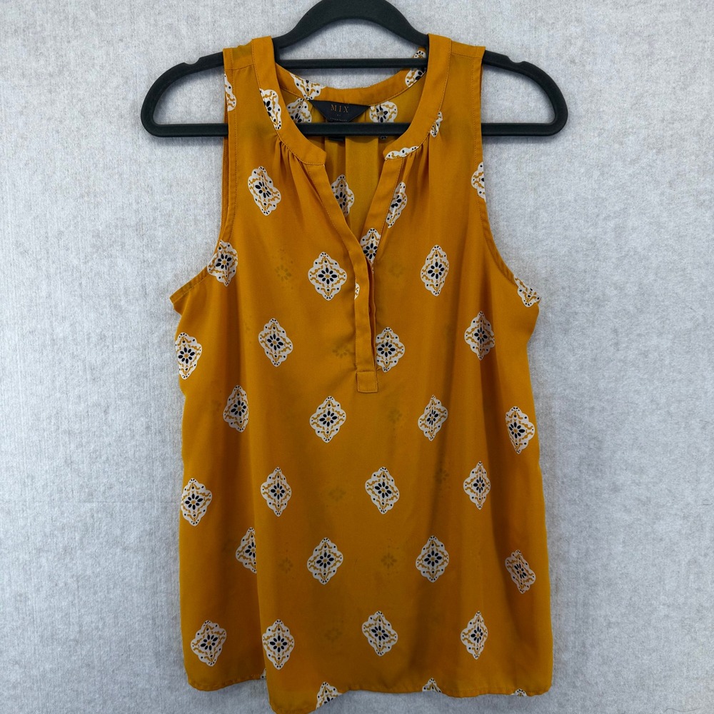 Womens Small Mustard Yellow Medallion Print Sleeveless Blouse